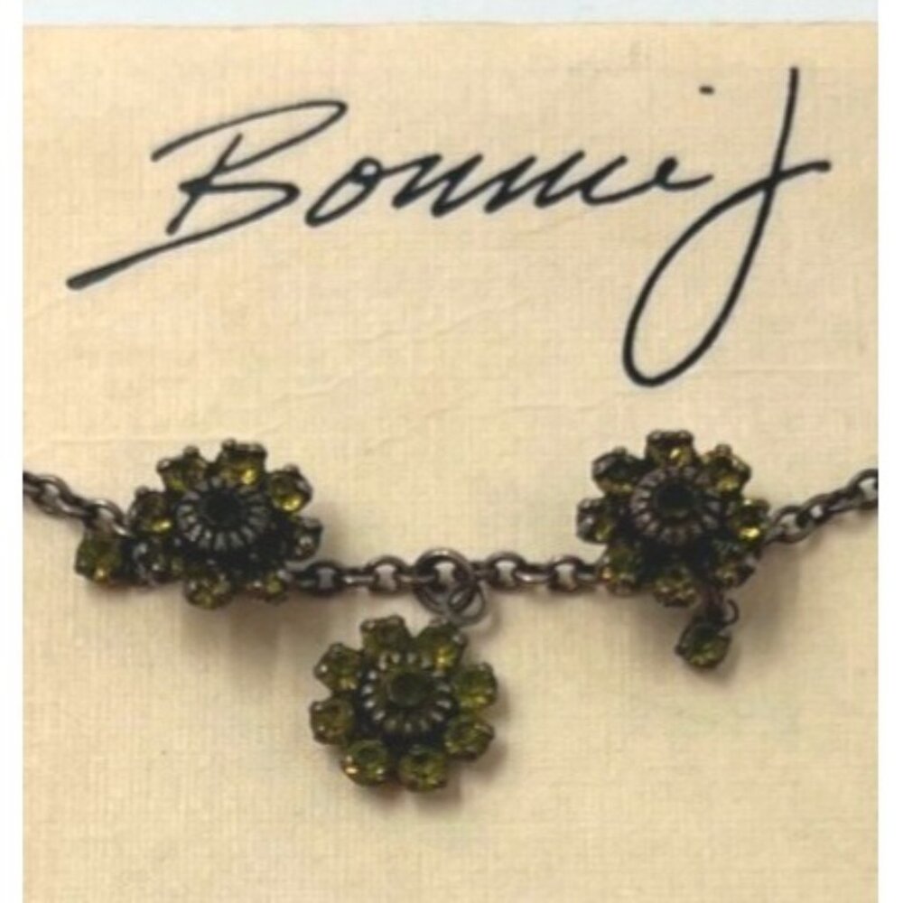 Bonnie J Earrings Necklace Set Pierced Silver Chain Flower Black Peridot